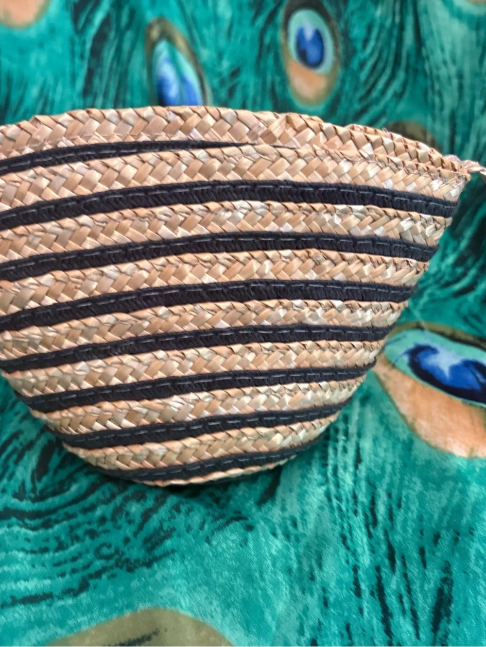 Straw Woven wristlet purse with Black Flower Accent